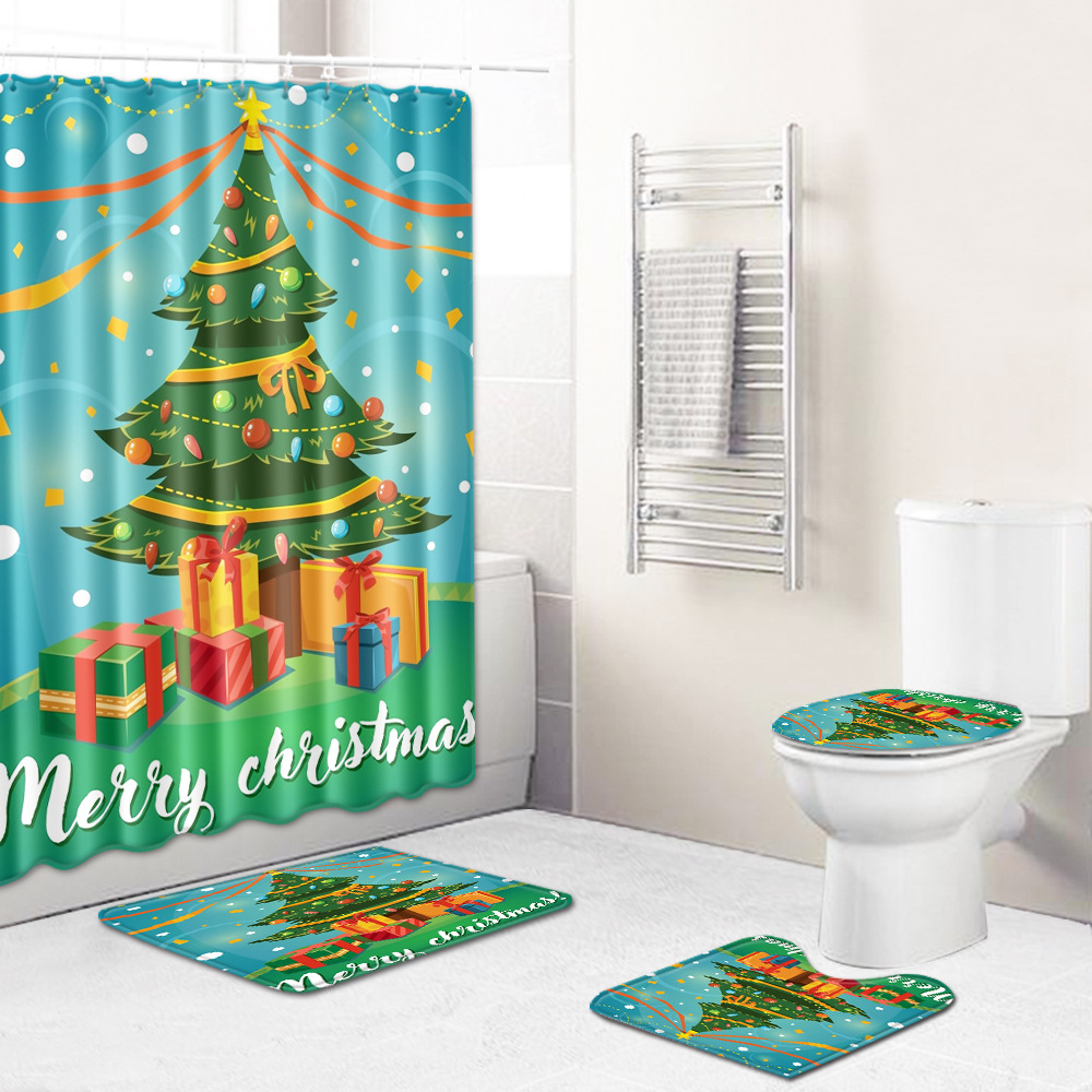 圣诞节雪橇跨境地垫浴帘卫生间防滑垫四件套亚马逊货源麋鹿