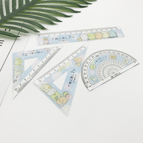Cartoon student stationery set: corner ruler, protractor, triangle ruler, and straight ruler, four-piece set