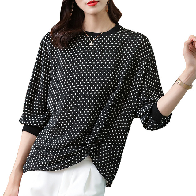 Elegant thin polka dot silk shirt knotted round neck casual silk blouse female