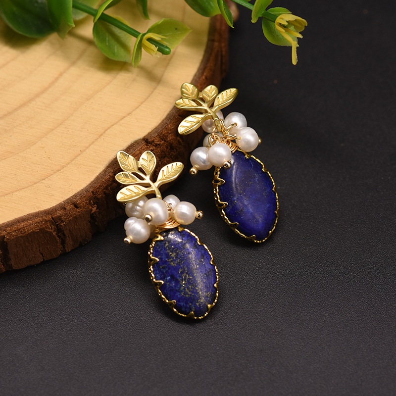 Ethnic Style Leaf Water Droplets Natural Stone Pearl Sterling Silver Drop Earrings 1 Pair display picture 2