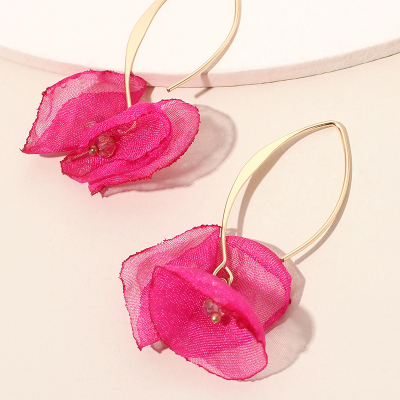4g Weight Earrings Classification Housewarming, Anniversary, Business, Wedding, Travel, Birthday, Festival Occasion Alloy Material Flower Pattern Women'S Gender Sweet Style Rose Red, White, Beige, Pink, Red, Green, Blue, Yellow, Black Color Korean Summer New Lace Mesh Flower Earrings Color Petal Earrings Wholesale Nihaojewelry 21