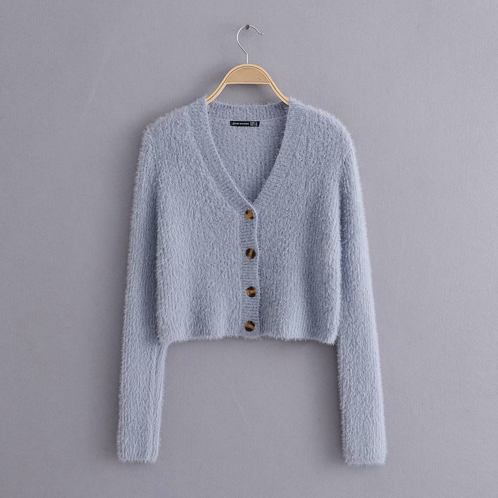 long-sleeved V-neck cropped fuzzy sweater cardigan  NSAM8803