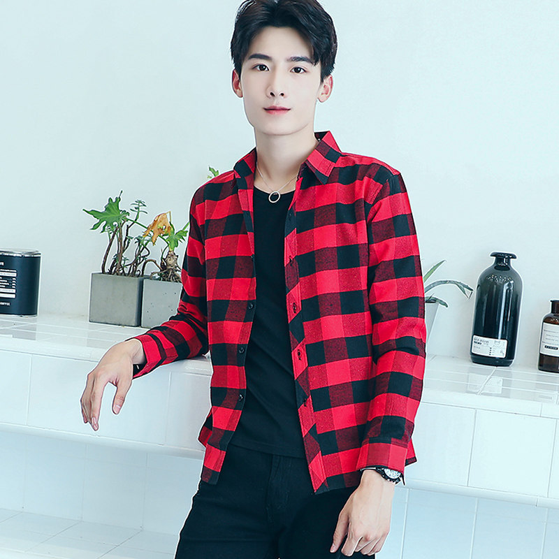 2020 camisa a cuadros de manga larga de estilo coreano de los hombres slim fit juventud moda guapo camisa pareja casual Camisa delgada
