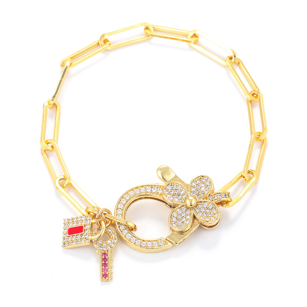 Korean Style Key Lock Four-leaf Clover Zircon Interlocking Hollow Chain Bracelet display picture 1