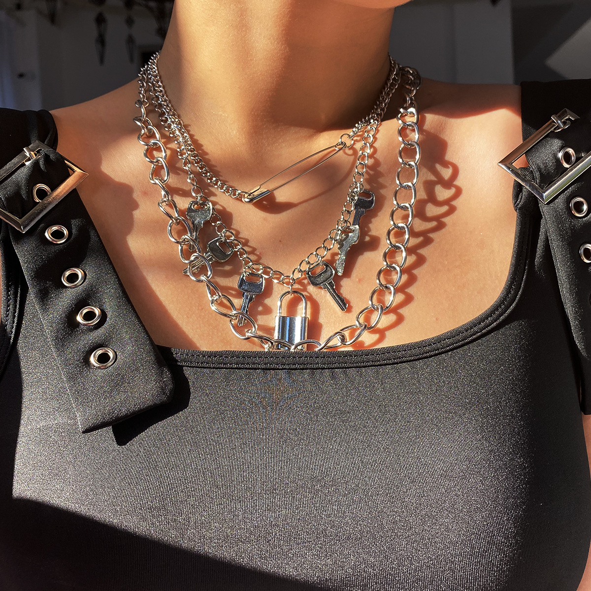 欧美跨境饰品 创意别针锁形元素项饰 夸张多个钥匙粗链条项链