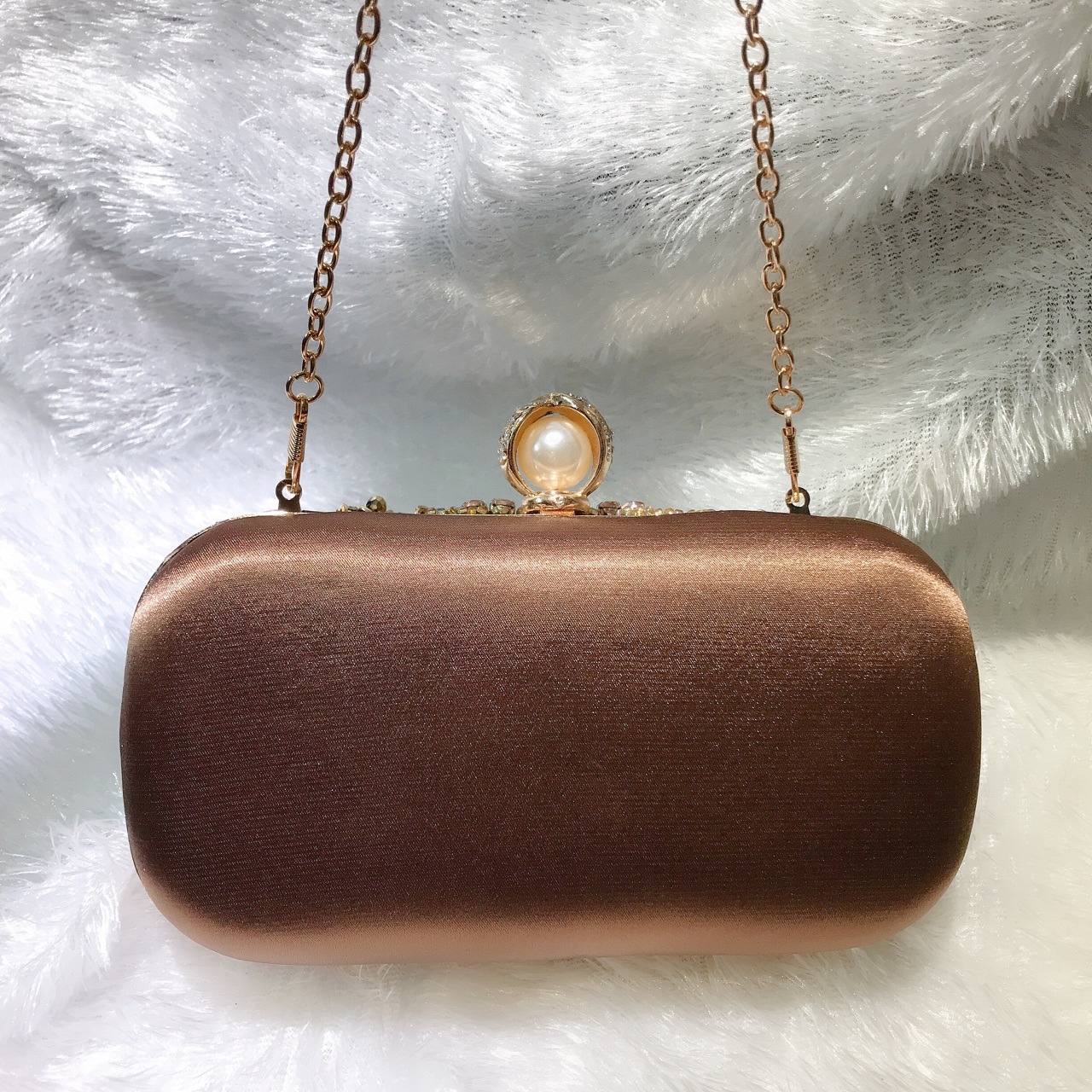 Túi clutch nữ thêu cườm đính đá cầm tay dự tiệc — Vàng cà phê chi tiết 5