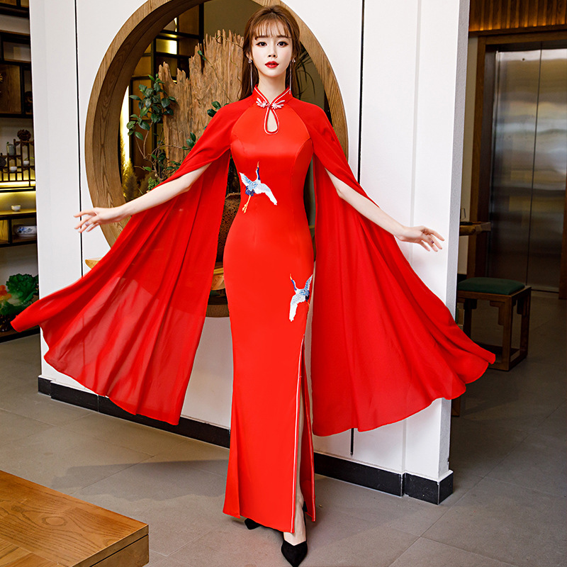 Women Chinese dresses host singers performance dresses Red long split sleeves cheongsam Shanghai National walk show evening dress 