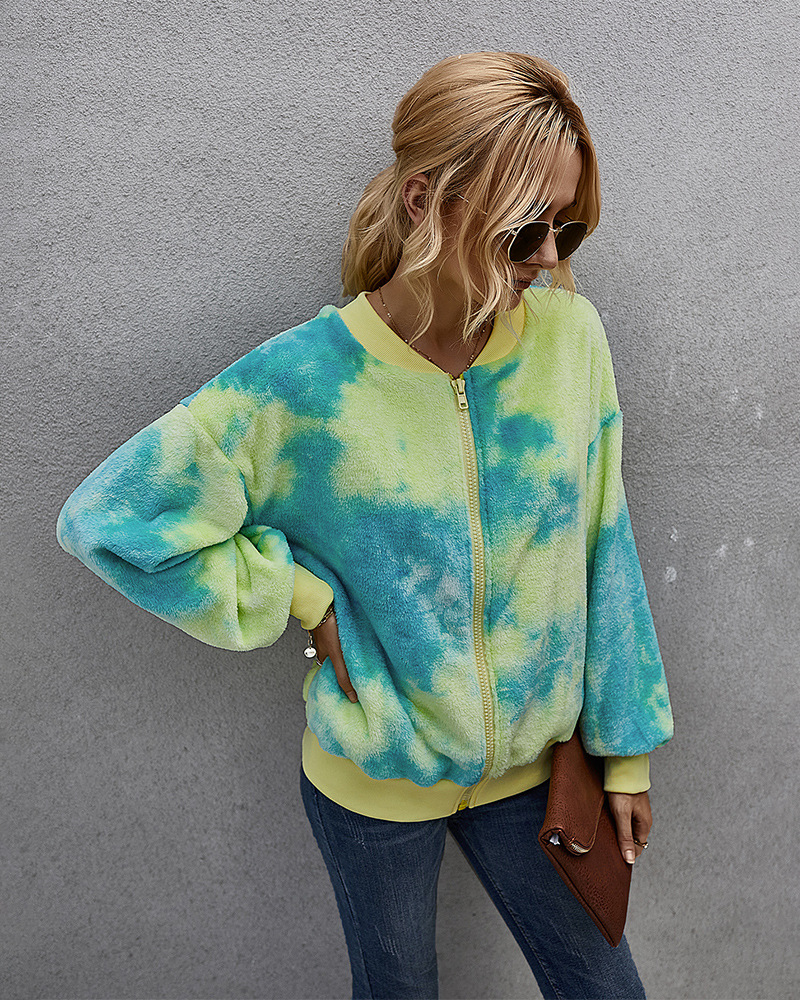 women's clothing winter contrast color tie-dye long-sleeved plush jacket women NSKA214