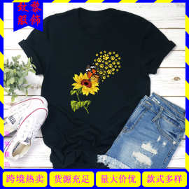 向日葵系列butterfly新品印花T恤女wish eBay欧美女装短袖女式t恤