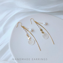 亮眸925银针镀14K真金天然淡水珍珠原创手工设计贝壳长款韩版耳环