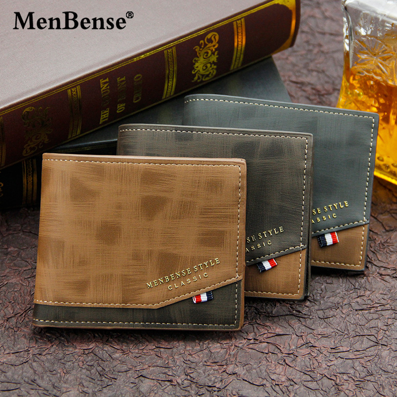 Menbense Korean version hinge bronzing printing men's wallet short matte multi card slot large capacity men's wallet