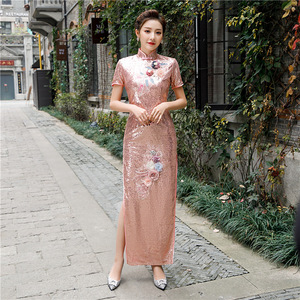 Chinese Dress Qipao for women Pink sequined cheongsam for female etiquette show