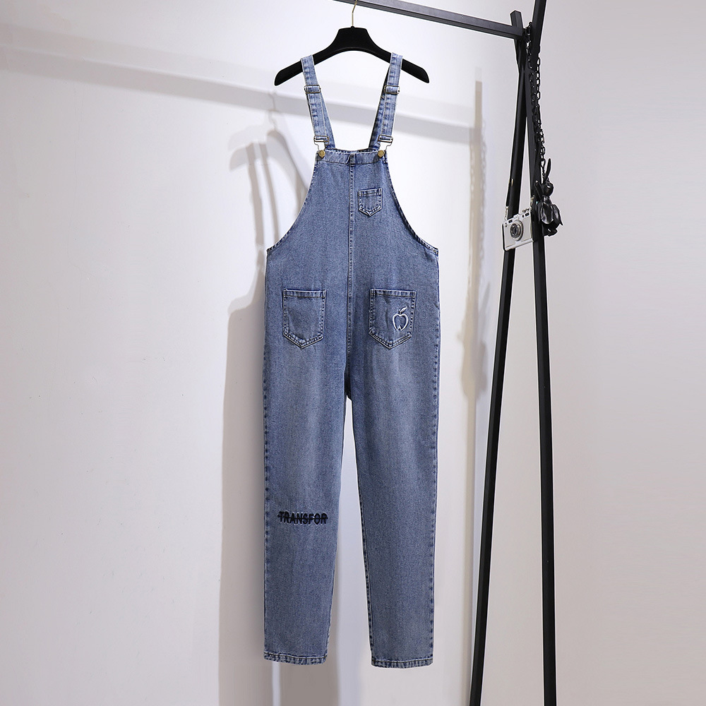 61568清仓特价胖mm秋季长款刺绣休闲裤宽松显瘦连体裤大码背带裤，女装牛仔裤，变形策服饰