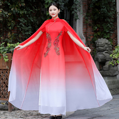 Chinese Dress Qipao for women Catwalk cheongsam long shawl stage costume large size retro Chinese cheongsam