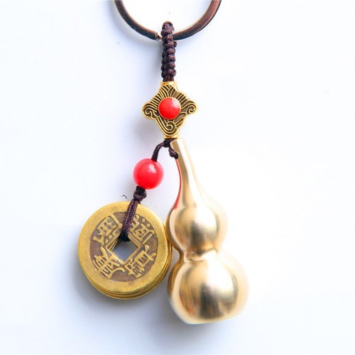 Pure Copper Five Emperors Money Keychain Brass Gourd Pendant Hollow Fulu Car Pendant Pure Copper Tourist Stall Decoration