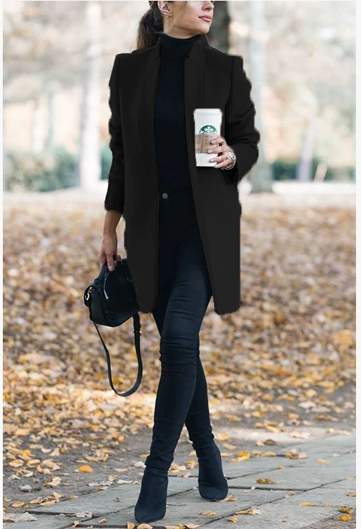 Long woolen coat (Amazon) fitted stand‑collar demi‑season, lightweight, multiple sizes