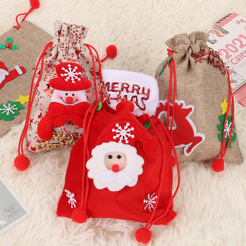 跨境热卖圣诞节礼物包装袋万圣节糖果抽绳袋牛轧糖束口袋麻布靴子