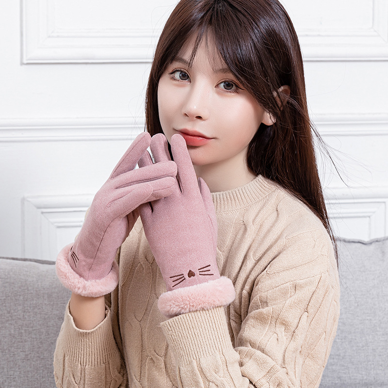 麂皮绒手套女秋冬季触屏加绒加厚防寒保暖韩版可爱学生骑车手套