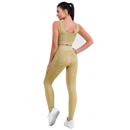 Cross-border eBay Europe and America yoga suit set new snake skin high waist buttocks lifting sports tight pants vest two-piece set 