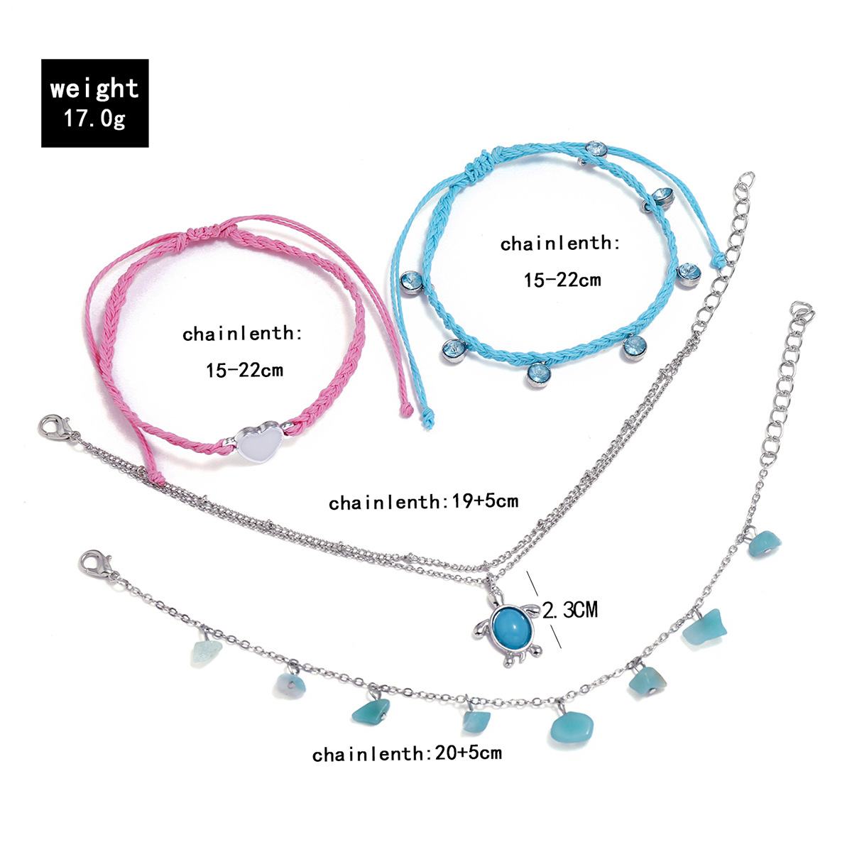 blue pink love tassel anklet 4-piece set