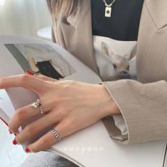 Korean Dongdaemun S925 Pure Silver Ring for Women, Heart Pendant Retro Finger Ring, Silver Chain Band Ring, Ring Finger Tail Ring