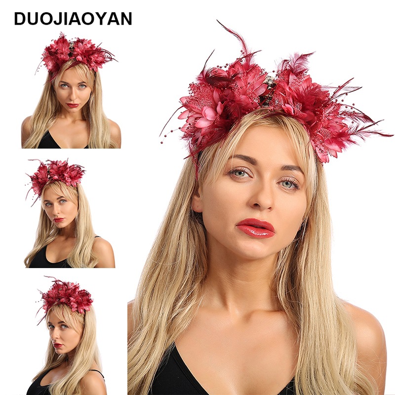 New Red Fabric Flower Feather With Skull Plastic Headband Halloween Headdress Factory Direct Sales display picture 1