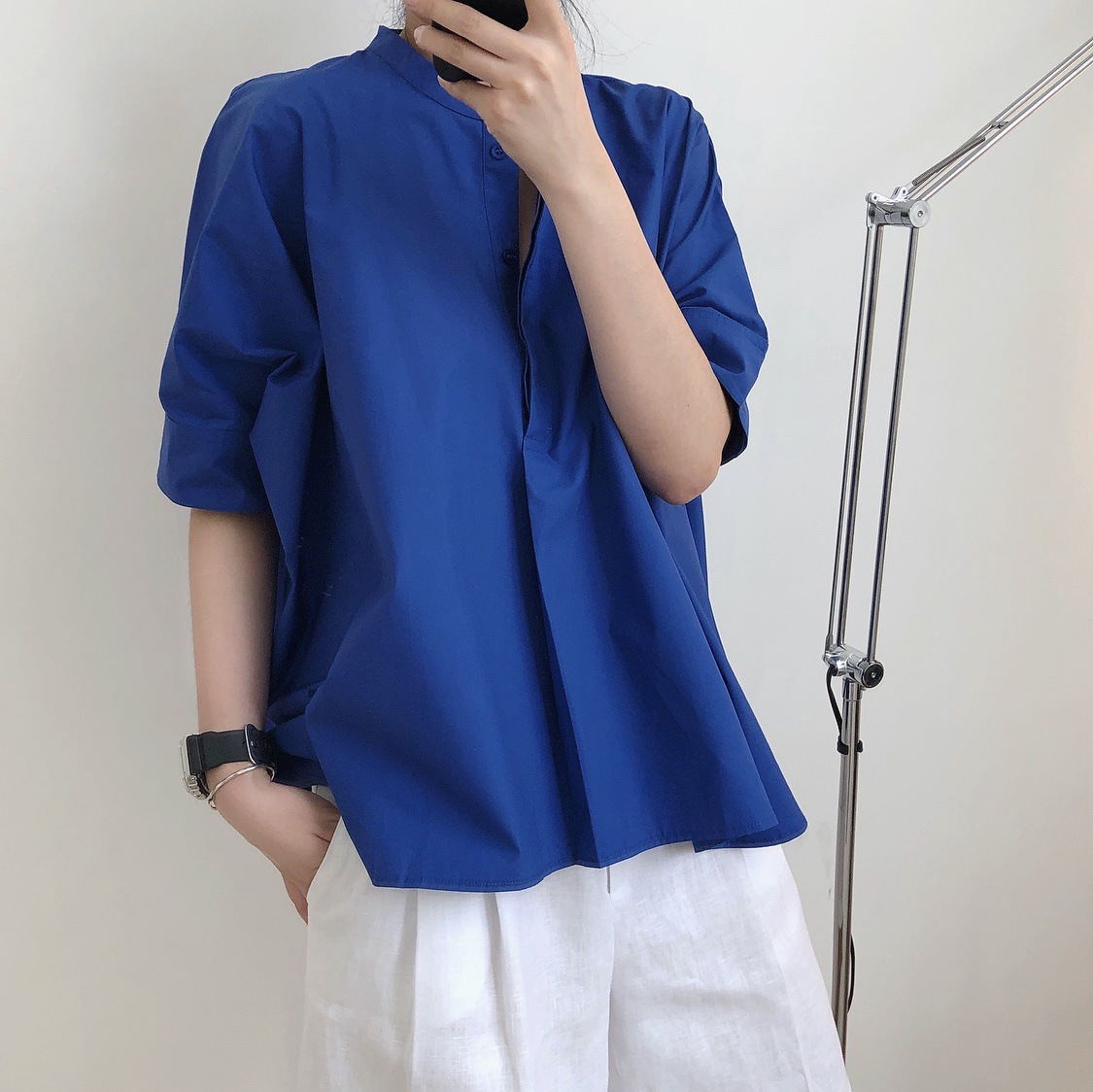 Summer new quality INS minimalist trendy standing shirt loose thin stylish comfortable soil shirt female