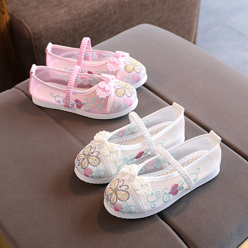 Children's breathable mesh shoes with Chinese style, embroidered girl's shoes, ethnic style, old Beijing Hanfu cloth shoes, summer edition sandals