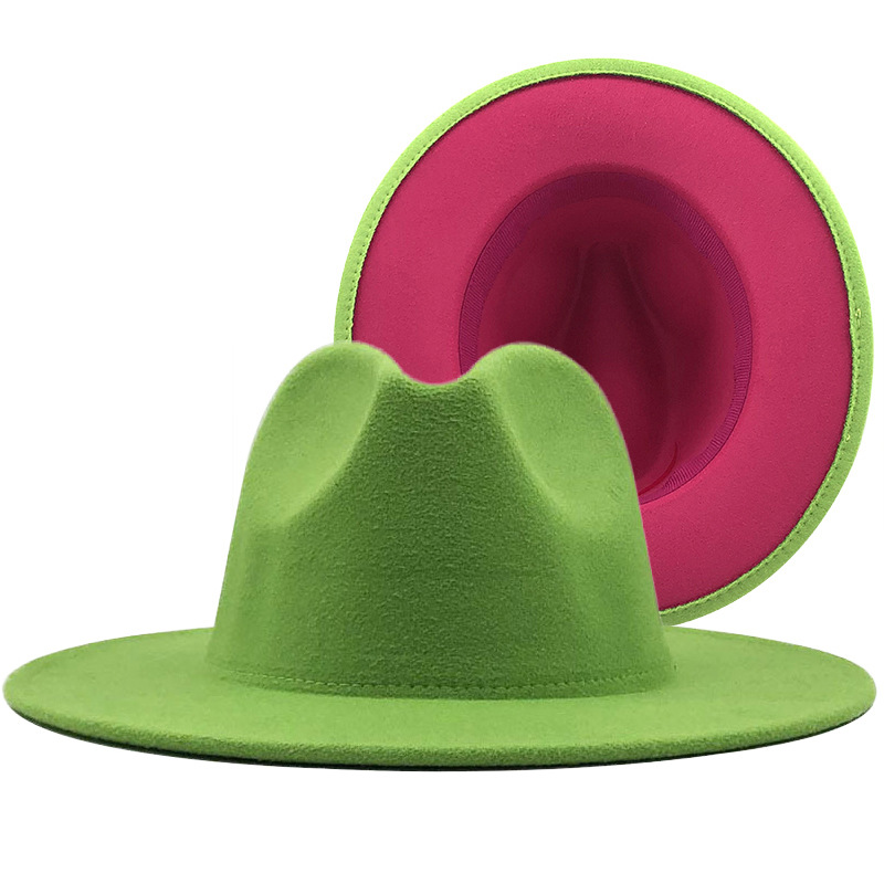 Sombrero De Jazz De Ala Plana Para Mujer De Fieltro Con Bloqueo De Color De Doble Cara Con Parte Superior De Lana Retro display picture 4