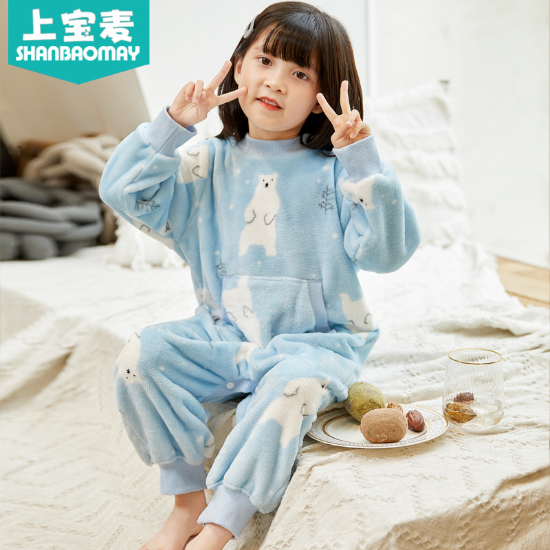 어퍼 바오 마이 가을 새 어린이 슬리퍼 플란넬 따뜻한 잠옷 소년 소녀 산호 양털 홈 옷