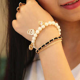 韩版时尚多层手链女 珍珠骷髅头时尚锆钻皇冠星星手绳批发