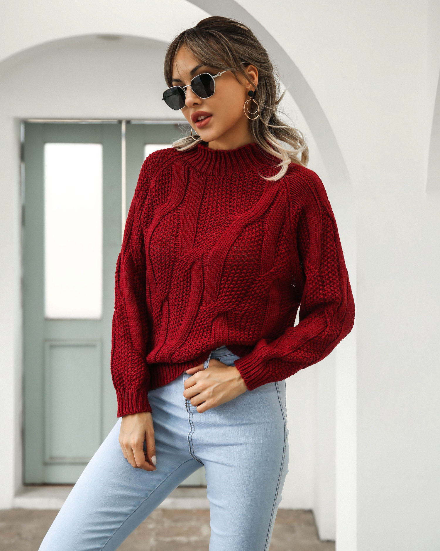 fashion half high neck twist long sleeve pullover sweater NSMY15943