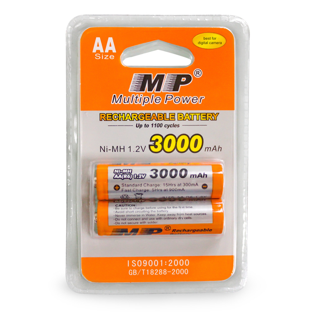 厂家批发 MP英文5号电池 AA3000mAh*2高容量镍氢充电电池2粒卡装