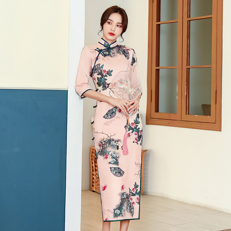 Women Chinese Dresses Cheongsam season suede cheongsam dress long traditional cheongsam