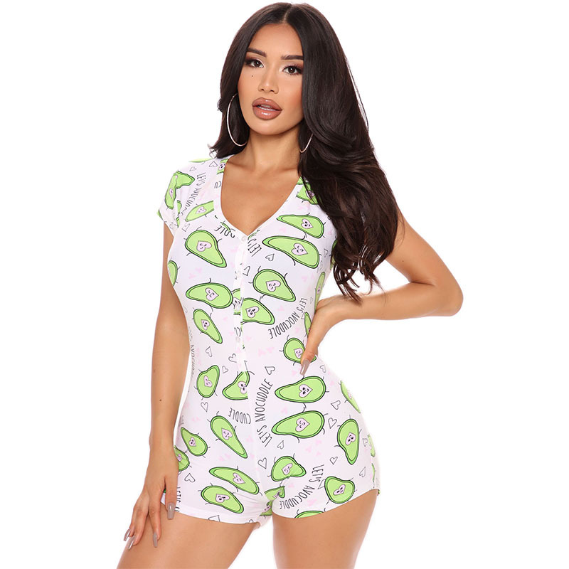 avocado printing short-sleeved v-neck tight jumpsuit shorts  NSHBG123051