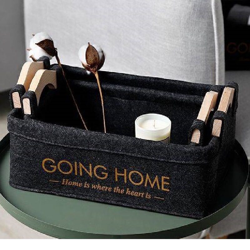 Nórdico fieltro cesta de almacenamiento mango de madera ropa misceláneas cosméticos cesta de almacenamiento de escritorio