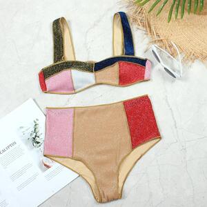 牧之2021泳衣新款比基尼高腰女欧美bikini爆款金丝泳装拼接速卖通
