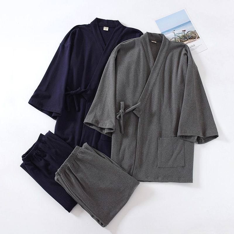 秋冬日式无印男士和服睡衣加厚保暖大码200斤系带德绒家居服套装