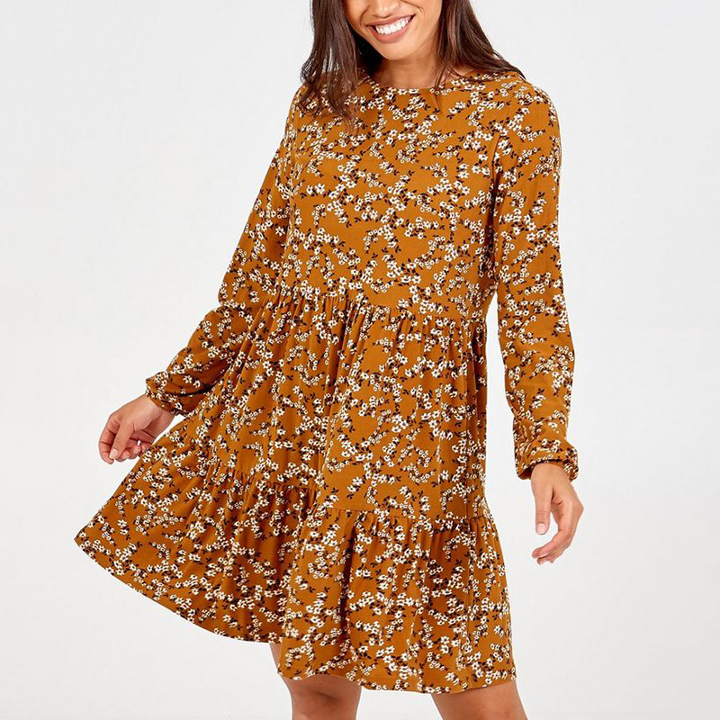 floral print round neck long sleeve chiffon dress NSGE35126