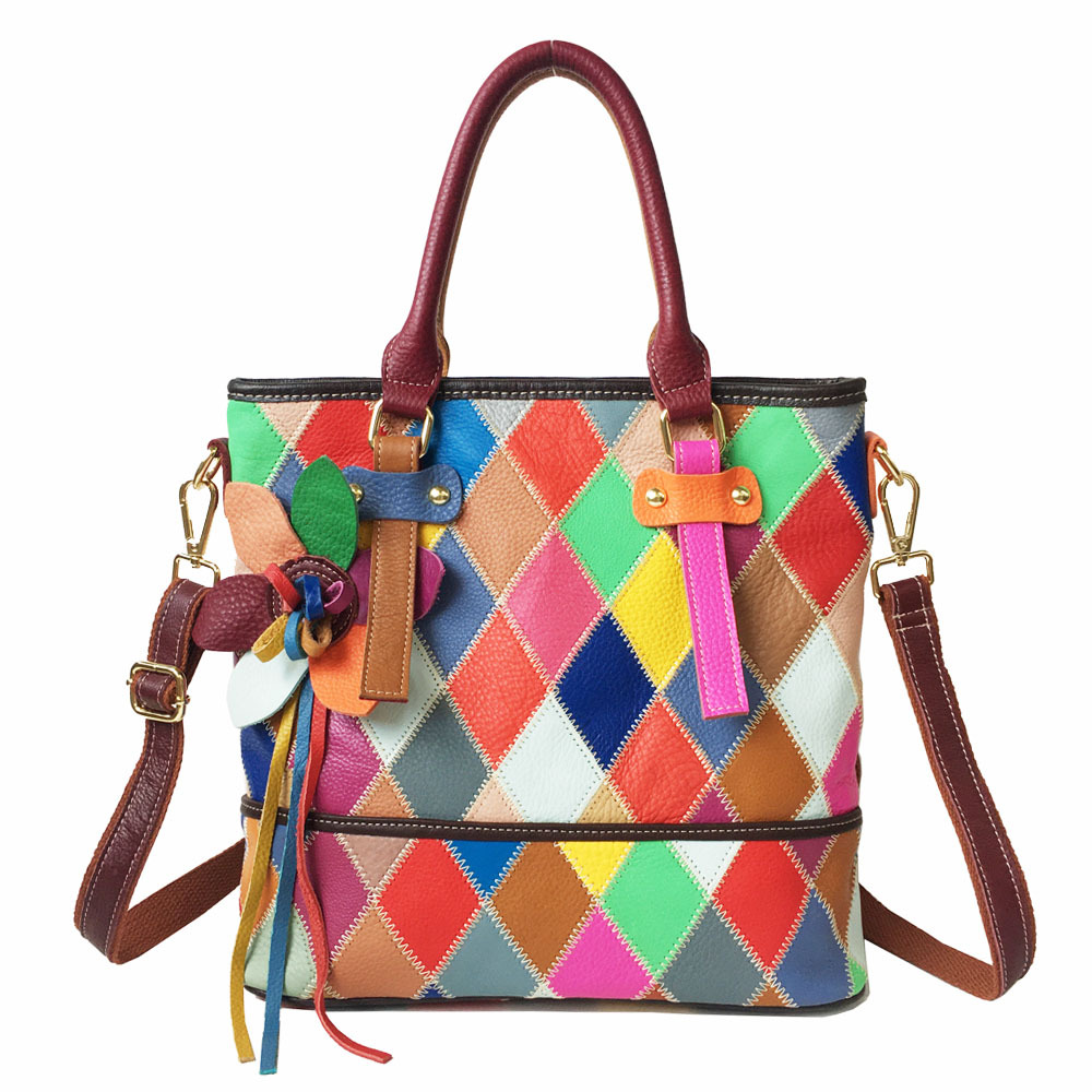 Damen Handtasche Aus Echtleder, Bunte Beuteltasche Mit Muster_voghion.com