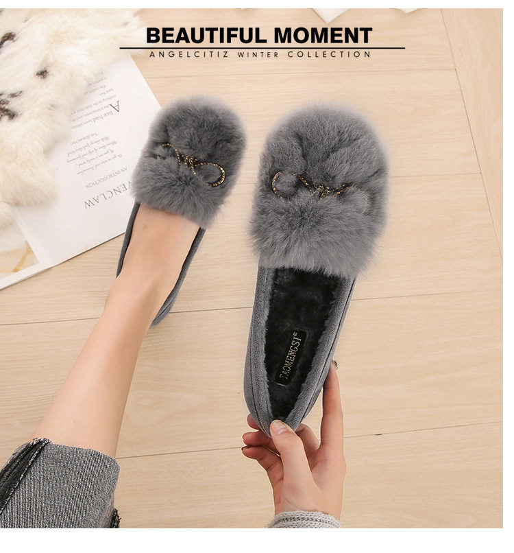Giày lười nữ lông thỏ có nơ, lót lông ấm, đế thấp 1–3 cm — Màu xám, Màu đen chi tiết 17