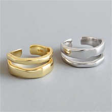 韩版S925纯银戒指网红INS不规则线条双层开口女戒指个性银指环