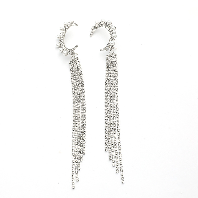 Exaggerated Long Tassel  Korean  New Thinner Full Diamond Moon Pearl Earrings display picture 4