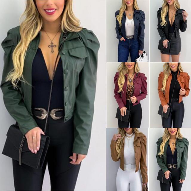 fashion lapel PU leather short solid color cardigan jacket NSYD16958