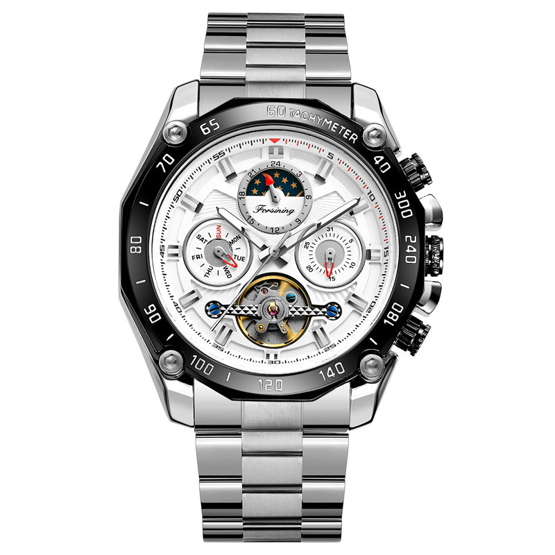 FORSINING hombres de negocios correa de acero reloj mecánico automático multifunción reloj de seis pines Placa de reloj mecánico 6913