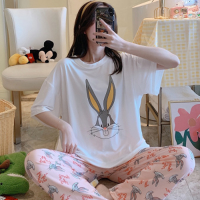 夏季新款短袖长裤女士睡衣史努比夏天休闲韩版ins套头家居服套装