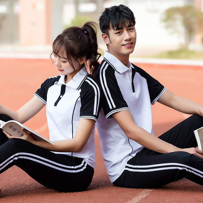 여름 고등학교 교복 반팔 교복 옷깃 T 초등 및 중등 학생 스포츠 세트 유치원 정원 교복 맞춤화