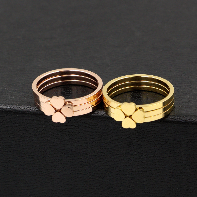 J2-206韩版三合一组合四叶草钛钢镀玫瑰金戒指女桃心三件套食指环