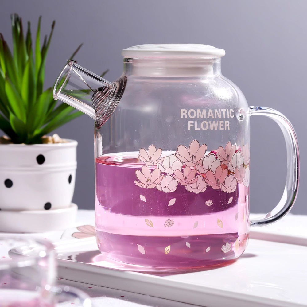 Jarra de agua transparente con diseño de flor de cerezo, resistente a altas temperaturas, juego de vasos de vidrio de borosilicato para bebidas frías. image 3