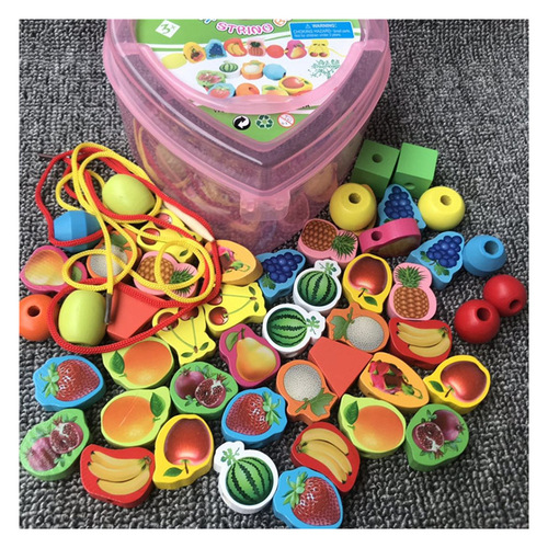 Love box beaded wooden early education infant hand-eye coordination toy beaded fruit animal threading beads